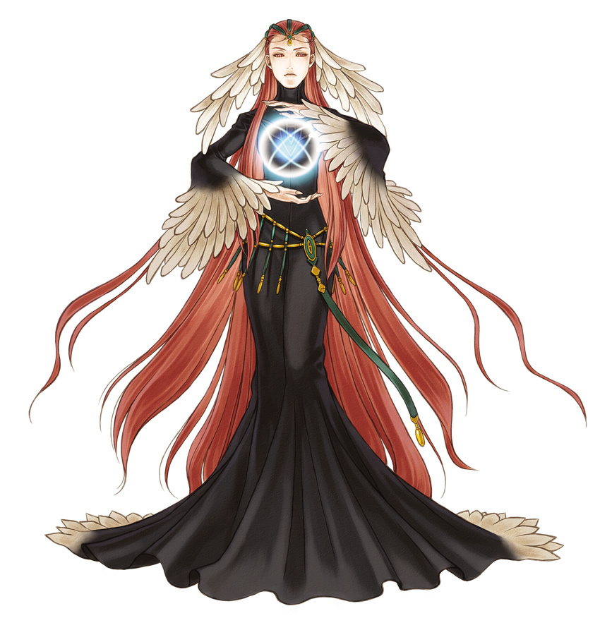 ashera dress feathers fire_emblem fire_emblem:_akatsuki_no_megami highres kita_senri long_hair magic official_art red_hair simple_background transparent_png very_long_hair