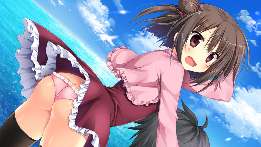 1boy arm_behind_head arm_up ass black_legwear blush brown_hair cabbage_soft day double_bun dress dutch_angle female game_cg hair_bun highres hoshikoi_tinkle korie_riko long_sleeves narusegawa_nagi open_mouth outdoors panties pink_panties polka_dot polka_dot_panties red_eyes short_hair skinny solo_focus thighhighs underwear unmoving_pattern water wind wind_lift