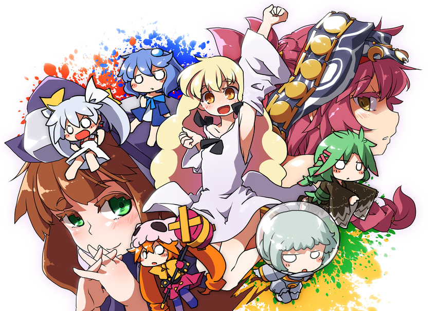 6+girls akaino_(akaomi) anne_(wixoss) bad_id bad_pixiv_id blonde_hair blue_hair blush brown_hair character_request detached_sleeves eldora_(wixoss) fishbowl_helmet green_eyes green_hair grey_hair hammer helmet long_hair long_sleeves mayu_(wixoss) multiple_girls open_mouth orange_eyes own_hands_clasped own_hands_together piruluk red_hair selector_wixoss short_hair silver_hair smile space_helmet tama_(wixoss) twintails wixoss