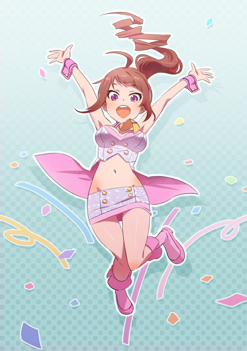 ahoge blush boots brown_hair bustier chuuseishi-kun commentary_request female highres idolmaster idolmaster_million_live! jumping long_hair midriff miniskirt navel open_mouth photoshop_(medium) pink_footwear purple_eyes shiny_skin side_ponytail skirt smile solo thigh_gap wrist_cuffs yokoyama_nao