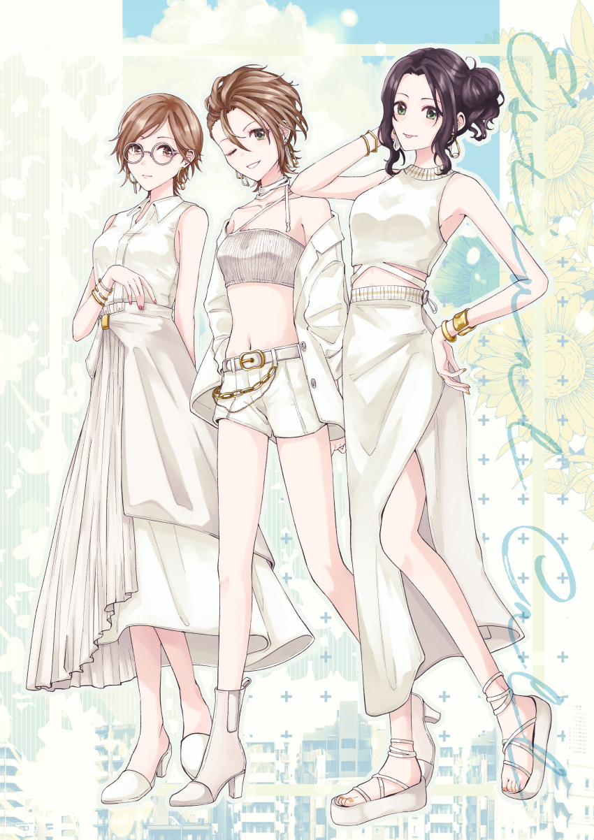 3girls absurdres aikawa_chinatsu alternate_costume alternate_hairstyle arm_behind_head arm_up arms_at_sides bangle bare_arms bare_legs bare_shoulders belt belt_buckle black_hair blue_sky bracelet breasts brown_eyes brown_hair buckle building cleavage closed_mouth cloud collarbone commentary_request dangle_earrings dot_nose dress earrings eyelashes fingernails flower full_body glasses green_eyes hair_between_eyes hair_bun hand_on_own_hip high_heels highres idolmaster idolmaster_cinderella_girls jacket jewelry kimura_natsuki kumatsuki_(no-kirin) long_bangs long_dress long_skirt looking_at_viewer medium_bangs medium_breasts midriff multiple_girls navel open_clothes open_jacket platform_footwear short_hair short_shorts shorts sidelocks single_side_bun skirt sky sleeveless sleeveless_dress smile soma_natsumi standing strapless sunflower three_quarter_view toenails tongue tongue_out tube_top walking wavy_hair white-framed_eyewear white_belt white_footwear white_jacket white_shorts white_skirt white_tube_top