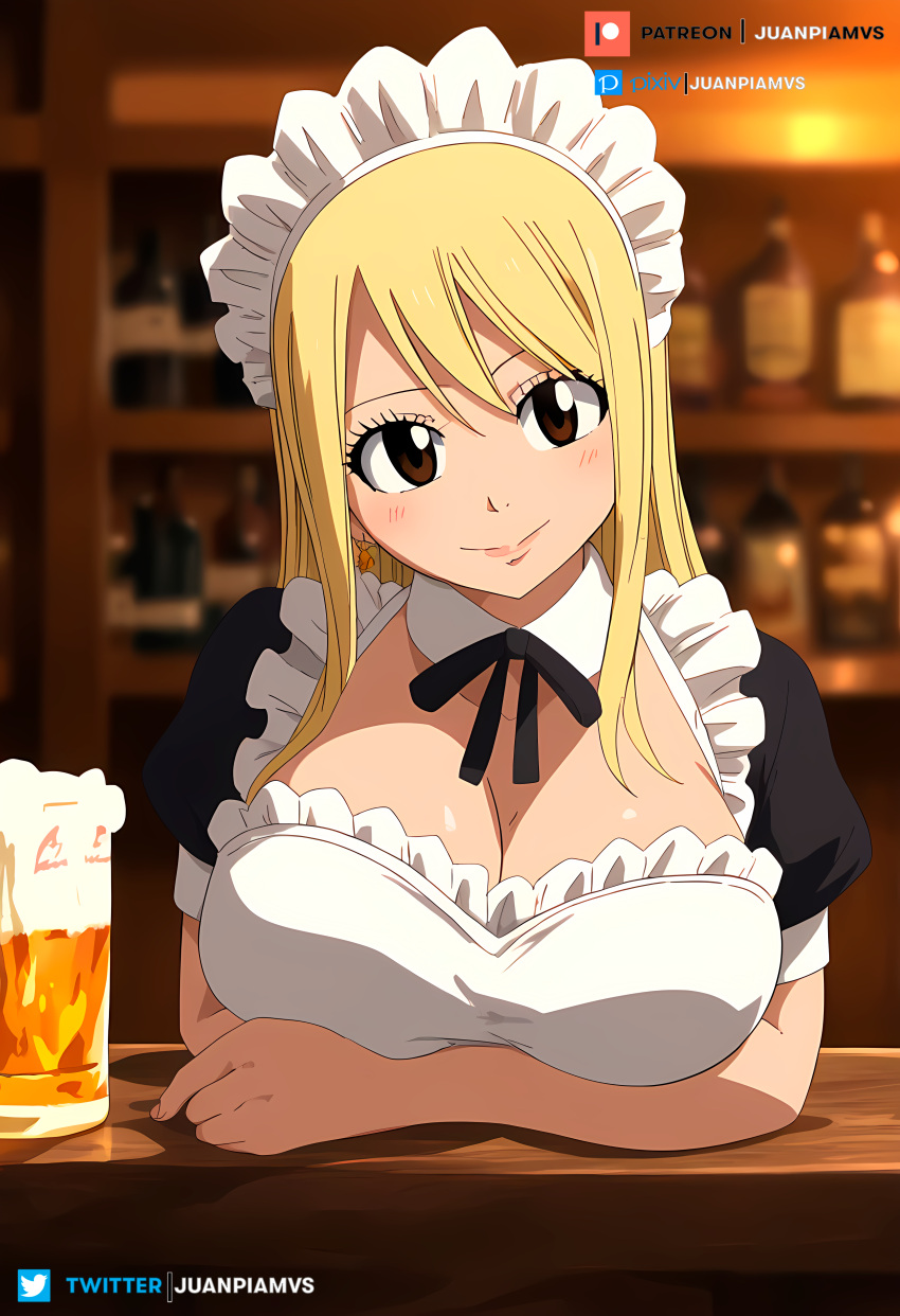 ai_generated bar big_breasts blonde_hair brown_hair drink fairy_tail female juanpi_amvs lazo long_hair looking_at_viewer lucy_heartfilia maid maid_headdress maid_outfit maid_uniform patreon patreon_username tavern watermark