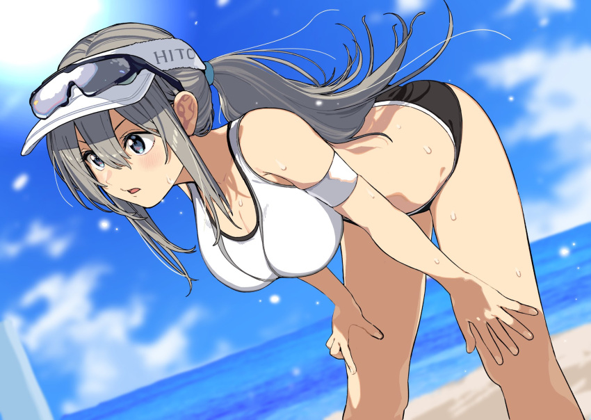 beach bent_over bikini black_bikini blue_eyes blue_sky blurry blurry_background blush breasts cleavage day eyewear_on_headwear female grey_hair hair_between_eyes hands_on_own_knees hat highres large_breasts long_hair ocean original outdoors ponytail sky solo sunglasses sweat swimsuit visor_cap water white_bikini white_hat yugami_gooshu