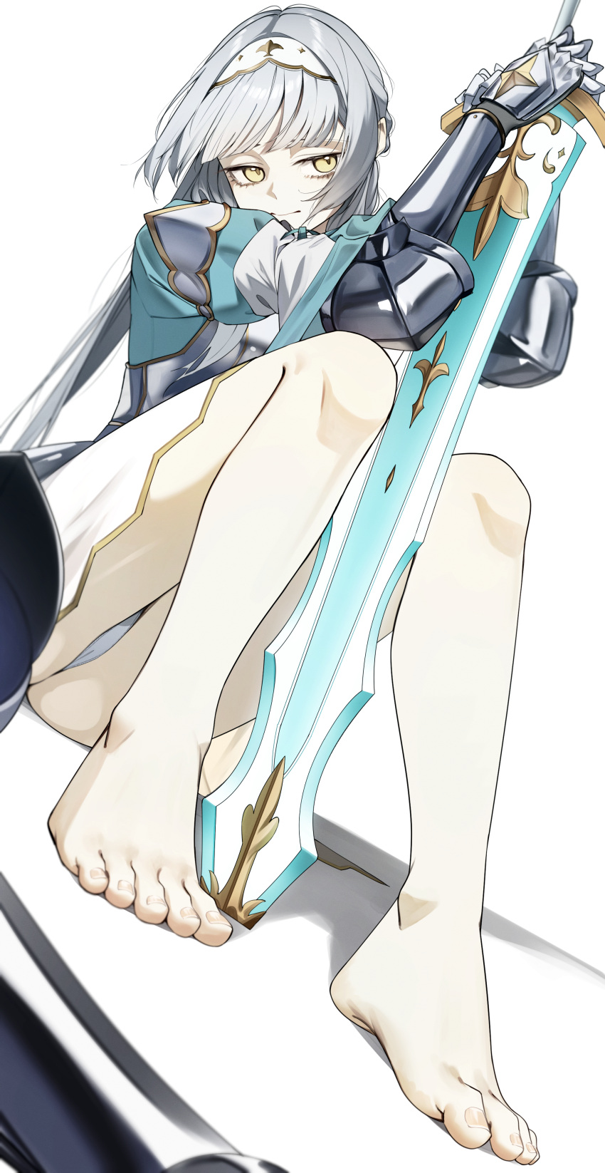 absurdres arm_armor barefoot closed_mouth commission dutch_angle feet female foreshortening grey_hair highres holding holding_sword holding_weapon kashiwagi_saki looking_to_the_side ongeki pero_(peroneko0510) planted planted_sword sitting skeb_commission solo sword toes weapon yellow_eyes