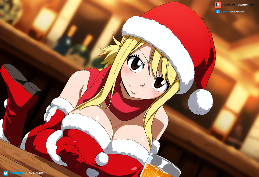 ai_generated bar big_breasts blonde_hair brown_eyes christmas_clothing christmas_headwear christmas_outfit curvy curvy_figure fairy_tail female juanpi_amvs long_hair lucy_heartfilia patreon patreon_username tavern watermark