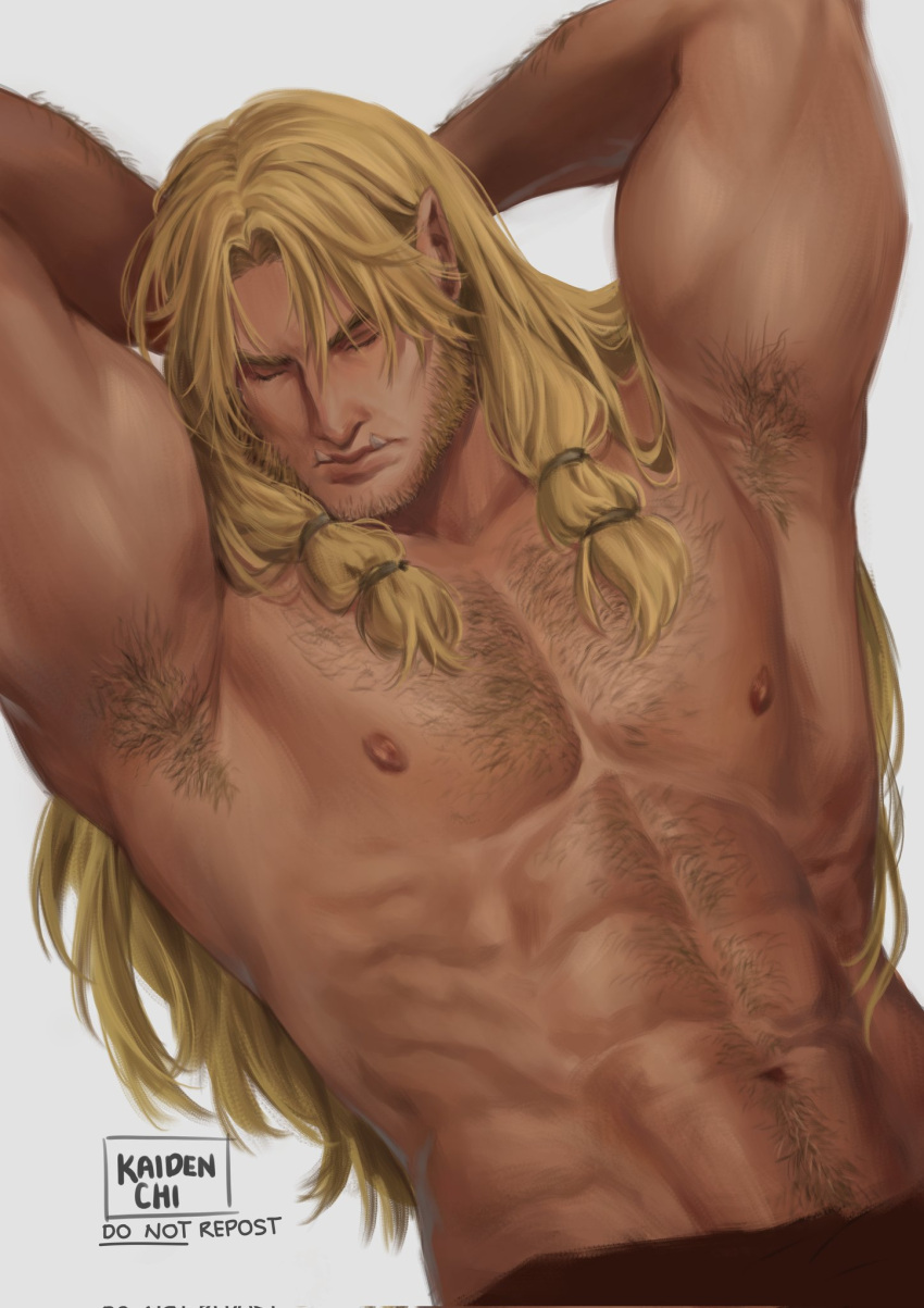 1boy abs armpit_hair armpits arms_behind_head bara beard blonde_hair closed_eyes cowboy_shot facial_hair full_beard hairy highres kaidenchii large_pectorals long_hair male_focus marvel mature_male muscular muscular_male navel navel_hair nipples pectorals sabertooth_(x-men) solo sparse_chest_hair stomach thick_arm_hair thick_beard thick_eyebrows thick_navel_hair topless_male tusks very_hairy victor_creed x-men