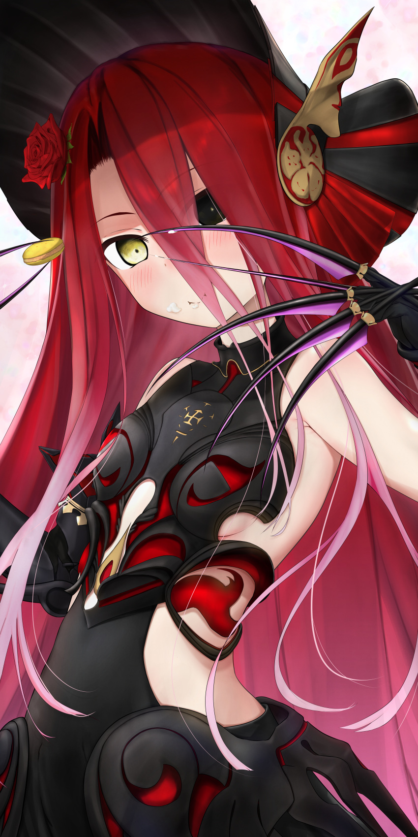 absurdres armor armored_dress bare_shoulders black_armor black_dress black_eyes blush bonnet breasts claws detached_sleeves dress fate/grand_order fate_(series) female flower food food_on_face food_on_hand hair_between_eyes hair_flower hair_ornament hawatari2019 heterochromia highres holding holding_food long_hair looking_at_viewer macaron red_flower red_hair red_rose rose sideboob sideless_outfit simple_background small_breasts smile solo typhon_ephemeros_(fate) very_long_hair white_background yellow_eyes