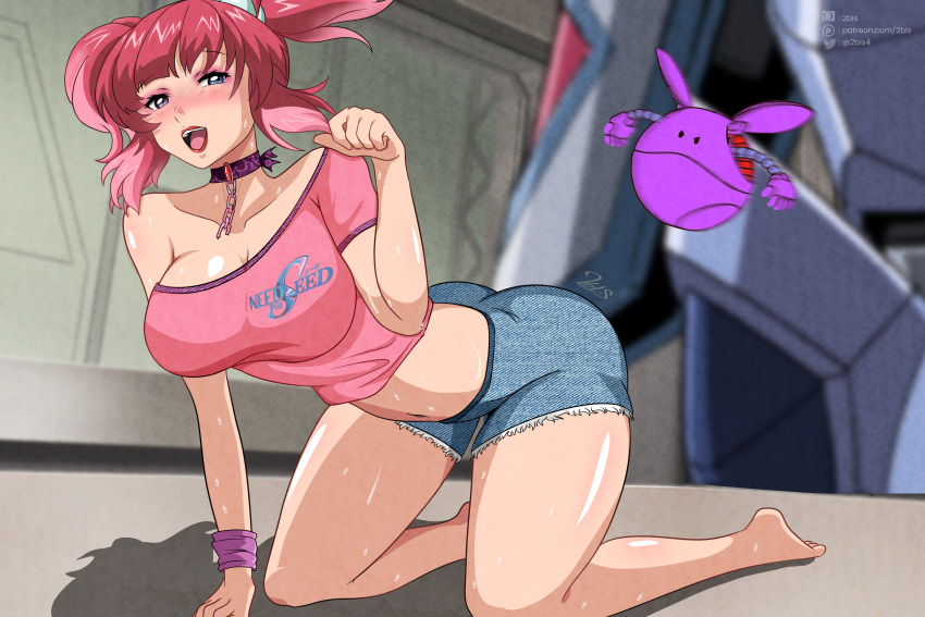 2bls absurdres agnes_giebenrath all_fours ass bad_haro barefoot blue_eyes blush breasts chains choker collarbone cropped_shirt english_commentary eyeshadow floating_hair gundam gundam_00 gundam_seed gundam_seed_freedom gyan_strom highres large_breasts logo_parody looking_at_viewer makeup mecha medium_hair midriff mixed-language_commentary mobile_suit navel need_for_speed open_mouth parody patreon_logo patreon_username paw_pose pink_eyeshadow pink_shirt pixiv_logo pixiv_username pun purple_choker red_hair red_lips robot shirt single_sleeve title_parody twitter_logo twitter_username