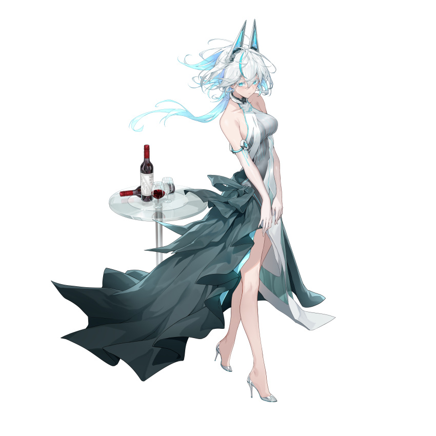 absurdres alcohol armpit_crease asus bare_shoulders blue_eyes blue_hair bottle breasts closed_mouth collarbone commentary cup dress drinking_glass female full_body grey_footwear halter_dress halterneck high-low_skirt high_heels highres interface_headset large_breasts light_blue_hair long_hair looking_at_viewer multicolored_hair official_alternate_costume official_art pumps red_wine ro_ji_(asus) round_table shanyao_jiang_tororo simple_background solo standing streaked_hair table two-tone_hair virtual_youtuber white_background white_eyelashes white_hair wine wine_bottle wine_glass