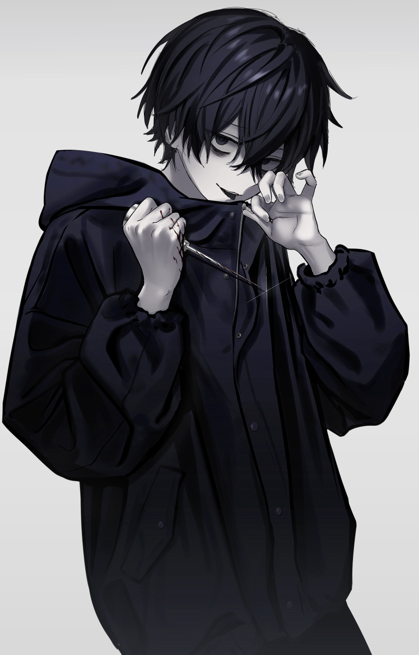 1boy absurdres bags_under_eyes black_coat black_eyes black_hair blood blood_on_hands coat commentary crossed_bangs grey_background hair_between_eyes highres holding holding_knife hood hood_down hooded_coat ice_pick imai_akira knife long_sleeves looking_at_viewer male_focus open_mouth original simple_background solo symbol-only_commentary tongue zipper zipper_pull_tab