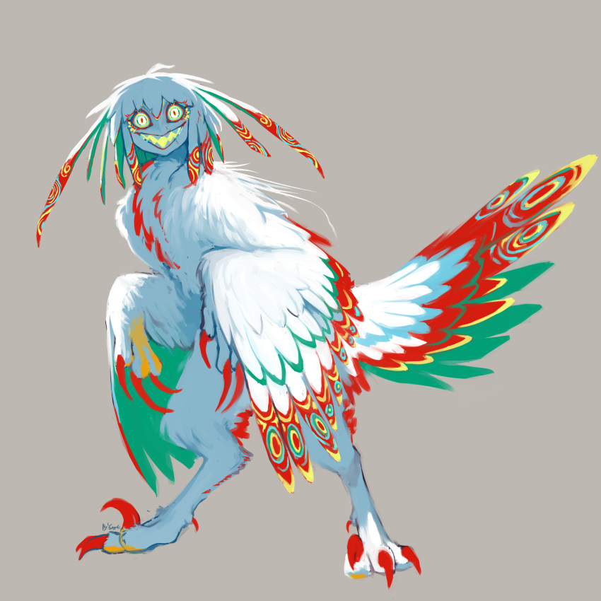 absurd_res arm_feathers avian clawz color_fox creepy_smile dinosaur dromaeosaurid european_mythology feathered_dinosaur feathered_scalie feathers female feral glowing glowing_eyes glowing_mouth greek_mythology green_body green_feathers harpy hi_res looking_at_viewer multicolored_body multicolored_feathers mythological_avian mythological_creature mythology prehistoric_species red_body red_feathers reptile scalie sharp_teeth sickle_claw simple_background smile solo tail tail_feathers teeth theropod two_tone_body two_tone_feathers white_body white_feathers