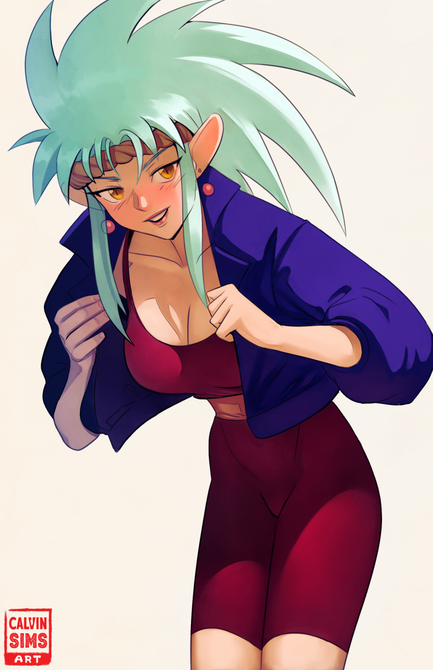 absurdres artist_logo belt blue_jacket bodysuit breasts calvin_sims cleavage collarbone commentary earrings female green_hair highres jacket jewelry leaning_forward looking_at_viewer open_clothes open_jacket parted_lips pointy_ears red_bodysuit ryouko_(tenchi_muyou!) sidelocks simple_background solo spiked_hair standing tenchi_muyou! white_background