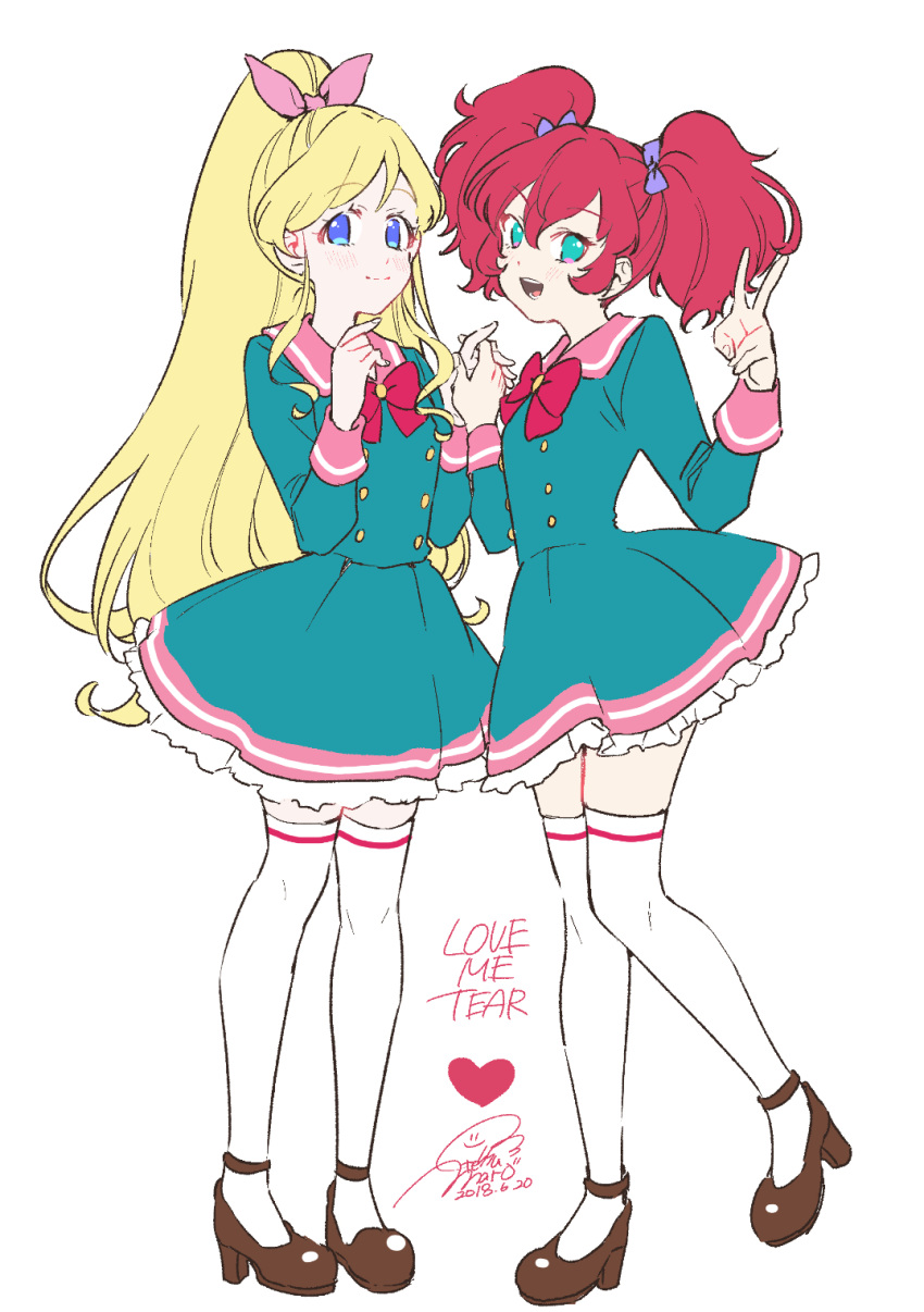 2girls :d aikatsu!_(series) aikatsu_friends! asuka_mirai_(aikatsu_friends!) big_hair blonde_hair blue_dress blue_eyes bow bowtie brown_footwear buttons closed_mouth commentary dated double-breasted dress english_commentary geshumaro green_eyes hairbow heart high_heels highres holding_hands interlocked_fingers kamishiro_karen long_hair long_sleeves looking_at_viewer medium_hair multiple_girls open_mouth pink_bow pink_sailor_collar ponytail pumps purple_bow red_bow red_bowtie red_hair sailor_collar sailor_dress shoes signature simple_background smile standing standing_on_one_leg thighhighs twintails very_long_hair white_background white_legwear