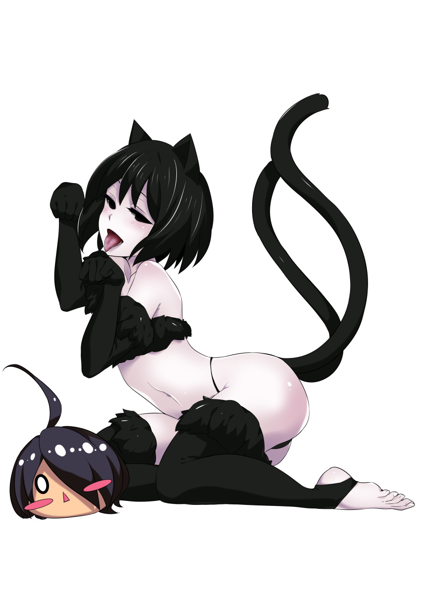 :< absurdres ahoge animal_ears araragi_koyomi ass azutan bare_shoulders black_bra black_eyes black_gloves black_hair black_panties black_thighhighs blush blush_stickers bob_cut bra cat_ears cat_girl cat_tail chibi chibi_inset collarbone commentary disembodied_head elbow_gloves empty_eyes eyelashes female full_body fur fur-trimmed_bra fur-trimmed_gloves fur-trimmed_legwear fur_trim gloves hair_over_one_eye highres kneeling looking_at_viewer looking_to_the_side monogatari_(series) multiple_tails narrowed_eyes naughty_face navel nekomata o_o open_mouth oshino_ougi pale_skin panties paw_pose raised_eyebrows romaji_commentary short_hair solo stirrup_legwear tail thighhighs toeless_legwear toes tongue tongue_out transparent_background two_tails underwear