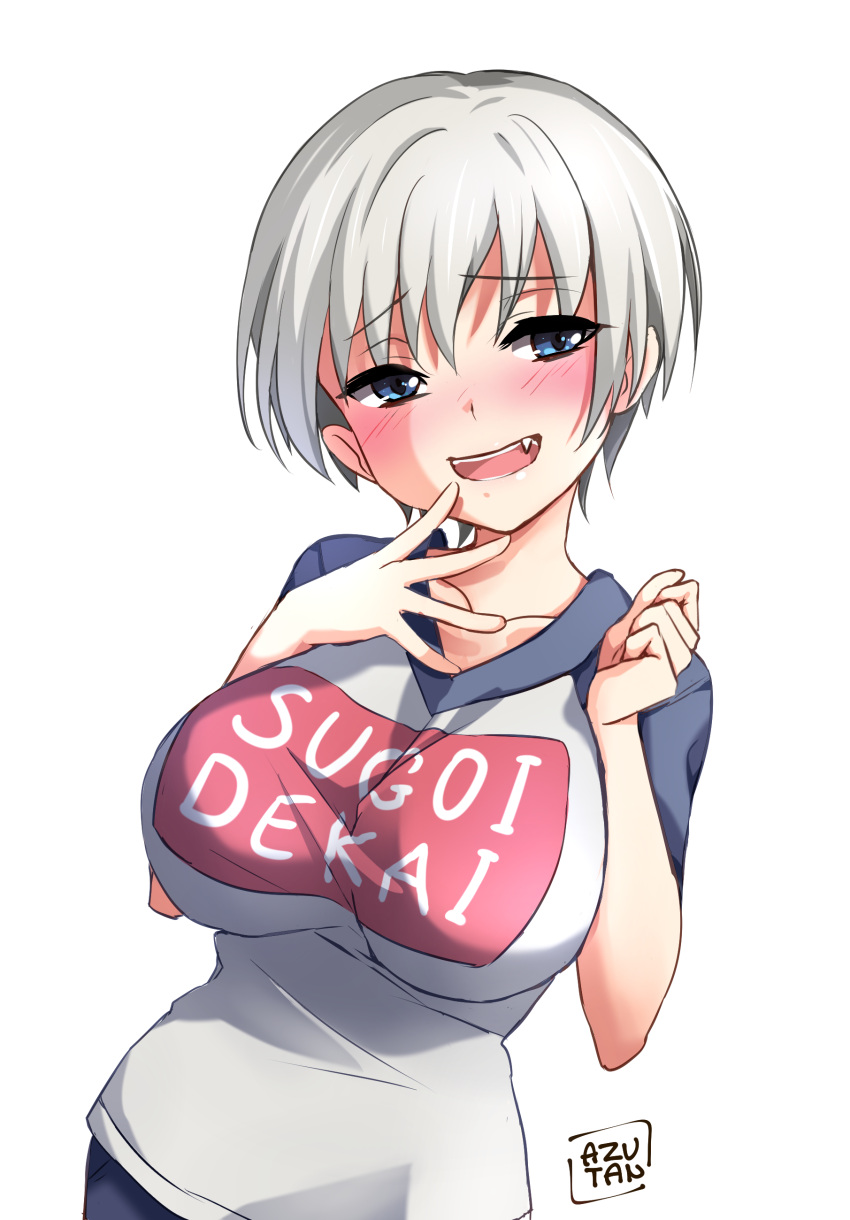 :d absurdres artist_name azutan blue_eyes blue_shirt blush breasts clothes_writing collarbone commentary curled_fingers female grey_hair hair_between_eyes hand_on_own_chin highres large_breasts looking_away looking_to_the_side nose_blush oerba_yun_fang open_mouth raglan_sleeves raised_eyebrows romaji_text shirt short_hair simple_background smile smug solo sugoi_dekai upper_body uzaki-chan_wa_asobitai! uzaki_hana white_background white_shirt