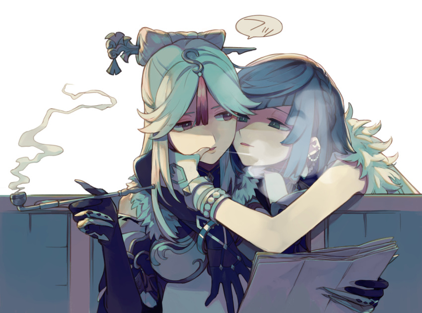 2girls blowing_smoke blue_hair bob_cut bracelet braid breasts china_dress chinese_clothes claw_ring detached_sleeves diagonal_bangs dress elbow_gloves finger_to_another's_mouth fingerless_gloves fur_trim genshin_impact gloves hair_ornament hair_stick holding holding_paper jewelry kiseru long_hair looking_at_another multiple_girls ningguang_(genshin_impact) paper parted_bangs parted_lips red_eyes short_hair smoke smoking smoking_pipe takishima_asaka tassel tassel_hair_ornament white_dress white_hair yelan_(genshin_impact) yuri