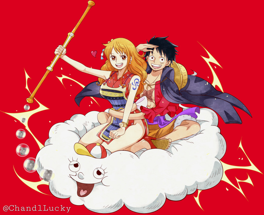 1boy absurdres arm_up black_cape black_hair brown_eyes cape chandllucky cloud female hat heart highres holding holding_staff hug hug_from_behind japanese_clothes lightning long_hair looking_at_viewer monkey_d._luffy nami_(one_piece) official_alternate_costume on_cloud one_piece open_clothes open_mouth purple_sash red_hair red_shirt sandals sash scar scar_on_chest scar_on_face shirt short_hair shoulder_tattoo sitting smile staff straw_hat tattoo teeth twitter_username zeus_(one_piece)