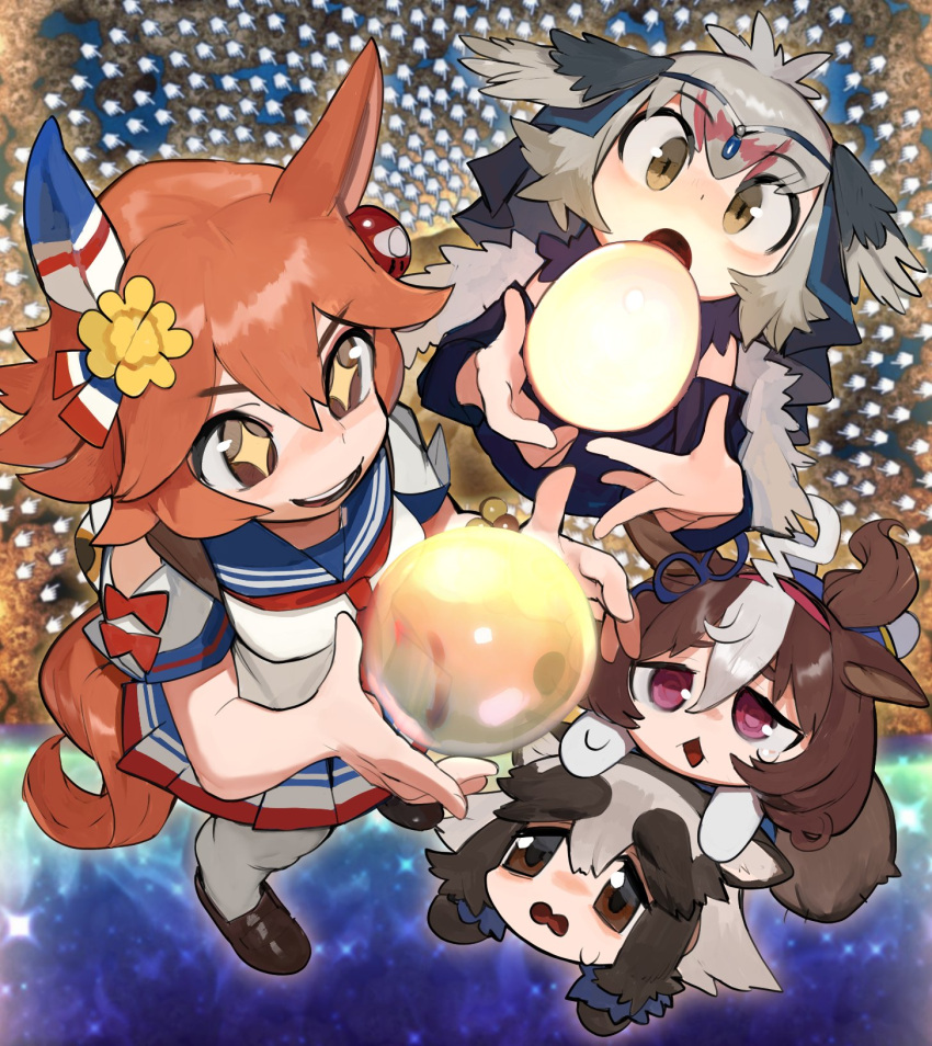 +_+ 4girls ahoge animal_ears black_hair brown_hair crossover detached_sleeves ear_covers fisheye from_above golden_egg grey_hair hair_between_eyes highres horse_ears horse_girl horse_tail kemono_friends looking_at_object matikanefukukitaru_(umamusume) medium_hair meisho_doto_(umamusume) multiple_girls open_mouth ostrich_(kemono_friends) purple_eyes raichiyo red_hair sailor_collar school_uniform single_ear_cover smile standing sweatdrop tail tanuki_(kemono_friends) umamusume yellow_eyes