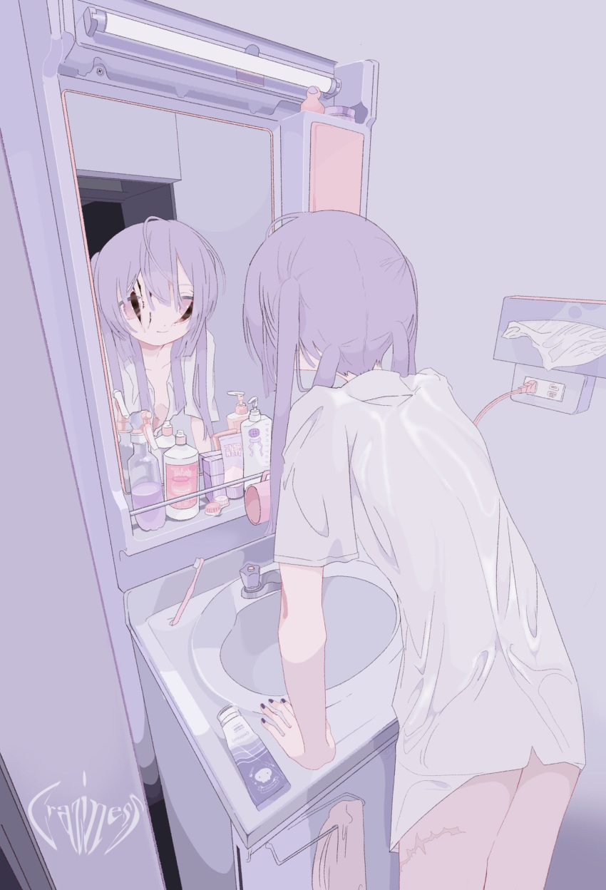 artist_logo bangs bottle collared_shirt cowboy_shot eguchi_saan electric_socket female from_behind hair_between_eyes highres indoors leaning_forward light long_hair mirror original pink_eyes purple_hair purple_nails quad_tails shelf shirt short_sleeves sink solo spray_bottle surreal toothbrush white_shirt