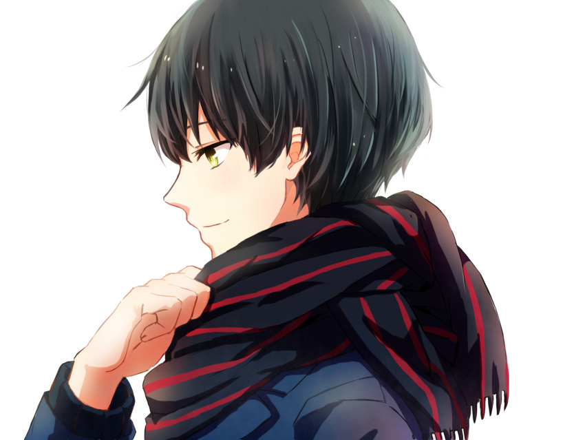 1boy bad_id bad_pixiv_id black_hair closed_mouth kyoukai_no_kanata looking_to_the_side male_focus nase_hiroomi nine_(pixiv2571715) profile red_scarf scarf short_hair simple_background smile solo white_background yellow_eyes