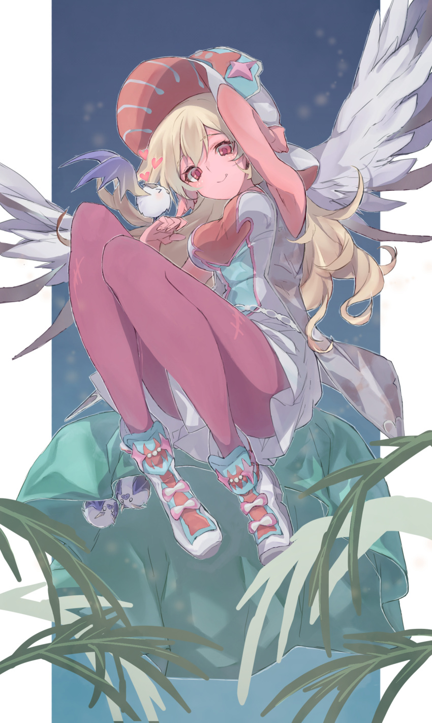 angel_wings bird bird_on_hand blonde_hair breasts colored_skin dress duel_monster female flying full_body hand_on_headwear hand_up hat highres knees_up long_hair pantyhose pink_skin plant red_eyes shoes sleeveless sleeveless_dress smile solo tsumayouji_(dekosoko) vampire_sucker wings yu-gi-oh!