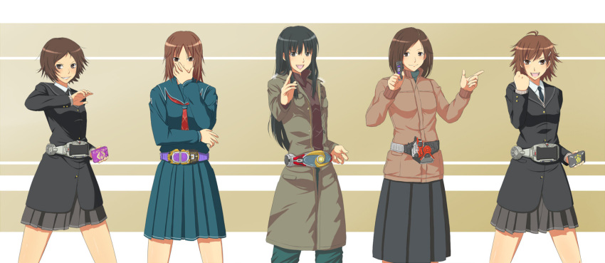 5girls advent_deck amagami ayatsuji_yukari belt black_hair black_jacket black_necktie black_skirt blue_skirt brown_coat brown_hair coat commentary_request covering_own_mouth denim flash_drive gaia_memory highres itou_kanae_(amagami) jacket jeans kamen_rider kamen_rider_agito kamen_rider_agito_(series) kamen_rider_blade_(series) kamen_rider_gai kamen_rider_joker kamen_rider_leangle kamen_rider_ouja kamen_rider_ryuki_(series) kamen_rider_w kibito_high_school_uniform kurosawa_noriko long_hair makihara_mika medium_skirt multiple_girls necktie pants parody red_necktie rider_belt school_uniform short_hair simple_background skirt smile standing toki_(tokihakashi) trench_coat yamaguchi_ayumi