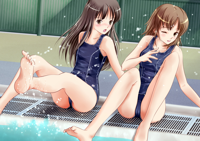 2girls bad_feet barefoot blush brown_eyes brown_hair commentary_request drain_(object) feet fenderu highres long_hair multiple_girls one-piece_swimsuit one_eye_closed original pool school_swimsuit short_hair splashing swimsuit water