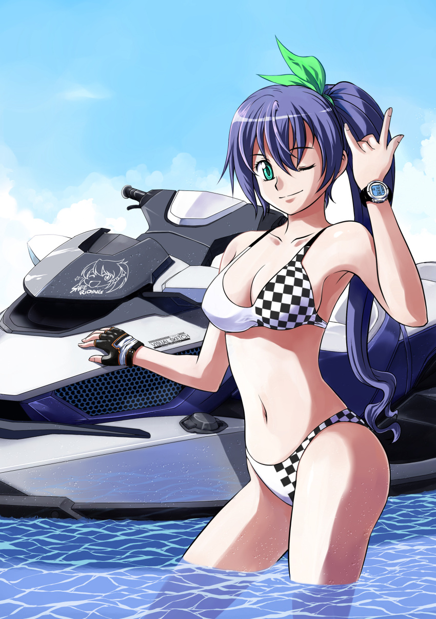 \m/ absurdres aqua_eyes bikini blue_eyes blue_hair breasts catty_(artist) checkered_bikini checkered_clothes cleavage commentary_request female fingerless_gloves gloves highres jet_ski medium_breasts navel one_eye_closed original photoshop_(medium) ponytail purple_hair smile solo swimsuit wading watch water wet wristwatch