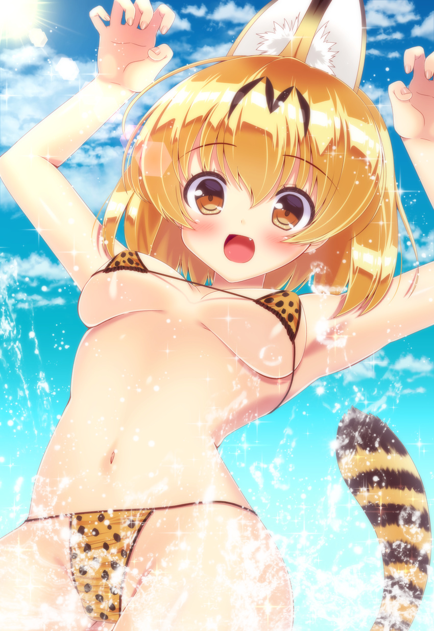 adapted_costume animal_ears bad_id bad_pixiv_id bikini blonde_hair brown_eyes highres kemono_friends kisshii_(kic1224) open_mouth serval_(kemono_friends) serval_ears serval_print serval_tail short_hair solo splashing swimsuit tail