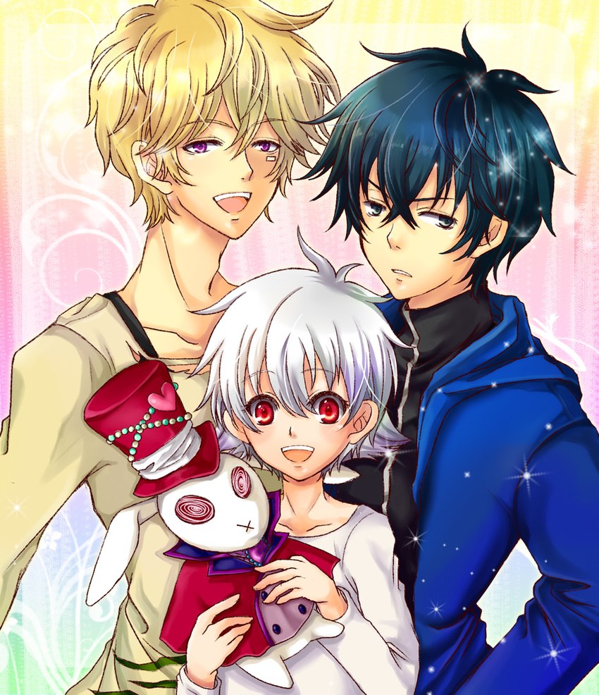 3boys blonde_hair blue_eyes blue_hair commentary_request gareki_(karneval) highres karneval male_focus multicolored_hair multiple_boys myam nai_(karneval) open_mouth purple_eyes red_eyes smile streaked_hair white_hair yogi_(karneval)