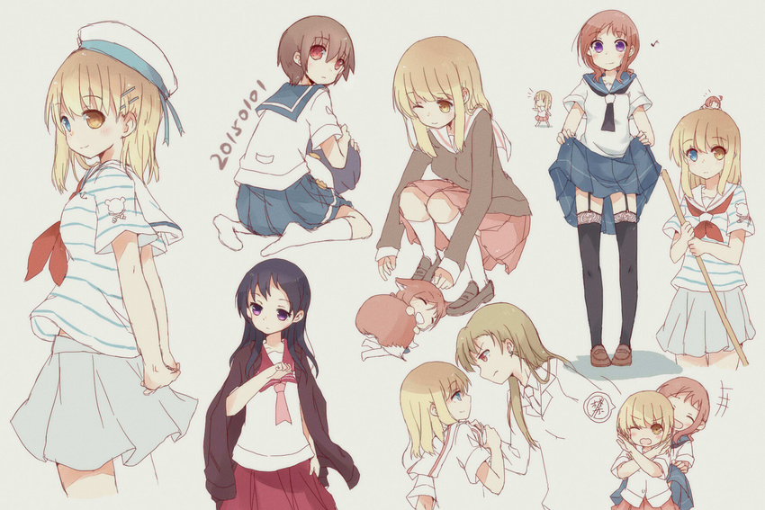 5girls animal_ears arms_behind_back beige_background beret blonde_hair blue_eyes blue_skirt blush brown_hair casual clothes_lift commentary couple fox fox_ears fud fukuji_mihoko garter_straps hat heterochromia highres kazekoshi_school_uniform kemonomimi_mode kiyosumi_school_uniform kubo_takako miyanaga_saki multiple_girls neckerchief one_eye_closed open_mouth purple_eyes red_eyes red_hair red_skirt sailor_collar saki_(manga) school_uniform serafuku shirt short_hair short_sleeves simple_background skirt skirt_hold skirt_lift smile tail takei_hisa thighhighs tsujigaito_satoha white_shirt winter_uniform yellow_eyes yuri