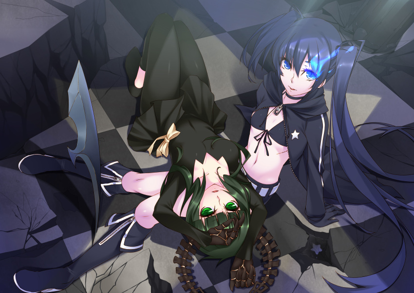 2girls absurdres bikini bikini_top_only black_dress black_hair black_rock_shooter black_rock_shooter_(character) black_shorts blue_eyes boots commentary_request dead_master dress flaming_eye flat_chest from_above green_eyes highres kokonoe_shuu lap_pillow long_hair midriff multiple_girls navel no_shirt photoshop_(medium) scar scythe shorts sitting swimsuit twintails very_long_hair