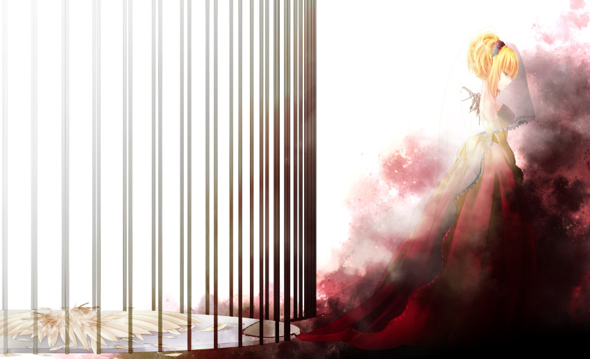 absurdres blonde_hair cage dress elisabeth_von_wettin female highres kaden_(kuzek) photoshop_(medium) red_dress solo sound_horizon tsubaki_ki veil wings