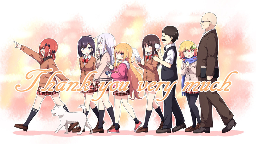 >_< 2boys 6+girls :3 :d ^_^ bald barista black_legwear blonde_hair brown_eyes brown_hair canine cardigan closed_eyes commentary_request cup d: dog_(gabriel_dropout) end_card english_text facial_hair flower from_side gabriel_dropout gabriel_tenma_white green_eyes gurasan_(gabriel_dropout) hair_flower hair_ornament handheld_game_console highres hood hoodie iinchou_(gabriel_dropout) jpeg_artifacts kneehighs light_purple_hair lineup loafers long_hair master_(gabriel_dropout) moustache multiple_boys multiple_girls oerba_yun_fang open_mouth own_hands_together plaid plaid_skirt playstation_portable pointing pointing_forward profile purple_eyes purple_hair raphiel_shiraha_ainsworth red_hair satanichia_kurumizawa_mcdowell saucer scarf school_uniform shoes short_hair skirt smile sneakers socks standing sunglasses tapris_chisaki_sugarbell teacher thank_you ukami very_long_hair vignette_tsukinose_april walking waving