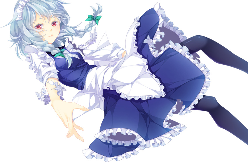 apron black_pantyhose blush braid commentary_request ekureeru female grey_hair highres izayoi_sakuya long_sleeves maid maid_headdress pantyhose red_eyes short_hair skirt smile solo touhou transparent_background twin_braids vest