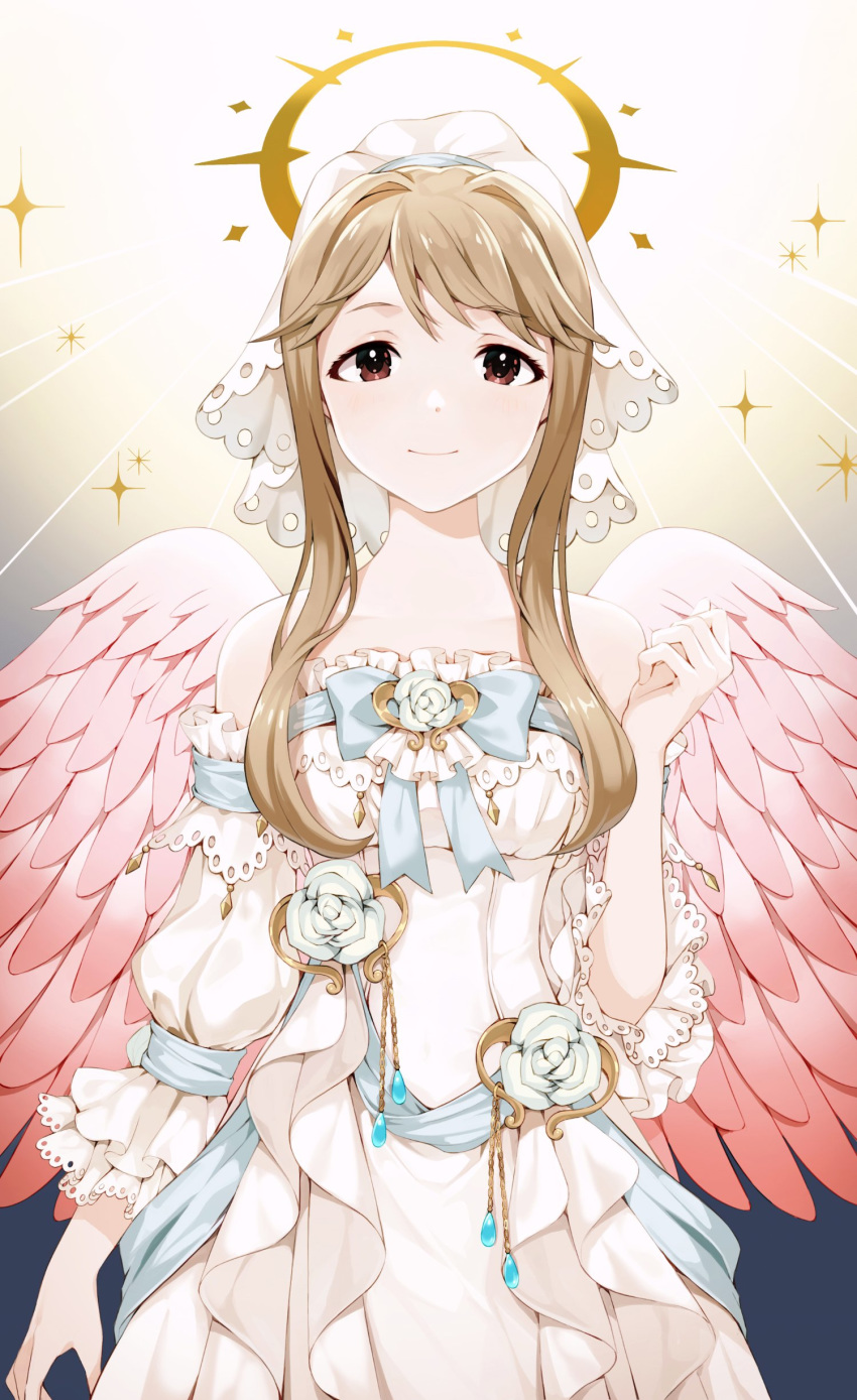 absurdres angel angel_wings aqua_gemstone arm_at_side bare_shoulders blue_background bow brown_eyes chains closed_mouth commentary cowboy_shot detached_sleeves dress feathered_wings female flower frilled_dress frilled_sleeves frills gem gradient_background grey_bow grey_ribbon hair_intakes halo hand_up highres idolmaster idolmaster_million_live! idolmaster_million_live!_theater_days jewelry light_brown_hair light_smile long_hair long_sleeves looking_at_viewer pink_wings pinkiepies2 protected_link rose solo sparkle standing strapless strapless_dress sunburst symbol-only_commentary tenkubashi_tomoka veil white_background white_dress white_flower white_rose wings