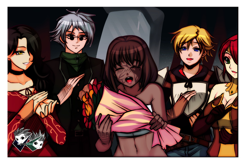 2boys 3girls amber_(rwby) bouquet brown_hair cinder_fall closed_eyes dark_skin flower jadenkaiba jaune_arc midriff multiple_boys multiple_girls pixiv_manga_sample professor_ozpin pyrrha_nikos rwby scar smile