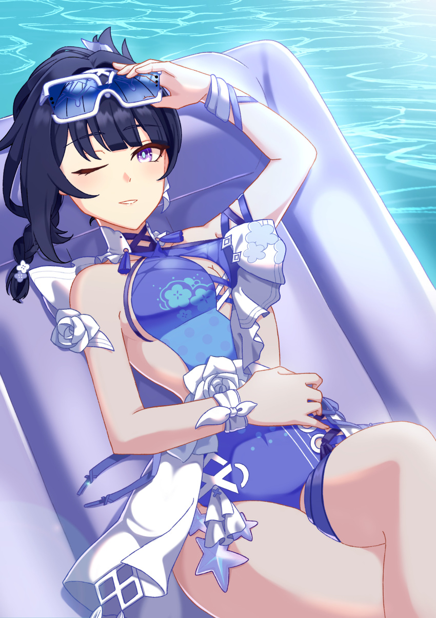 absurdres bare_shoulders blue-tinted_eyewear blue_pupils breasts cleavage cleavage_cutout clothing_cutout commentary_request crossed_legs female flower from_above goggles goggles_on_head hair_ornament highres holding holding_goggles honkai_(series) honkai_impact_3rd large_breasts looking_at_viewer lying medium_hair on_back one_eye_closed purple_eyes purple_hair raiden_mei raiden_mei_(crooning_tides)_(honkai_impact) raiden_mei_(herrscher_of_origin) rectangular_eyewear ribbon ryuusan_(leuthan698) smile solo teeth thigh_strap tinted_eyewear water white_flower white_ribbon wrist_ribbon