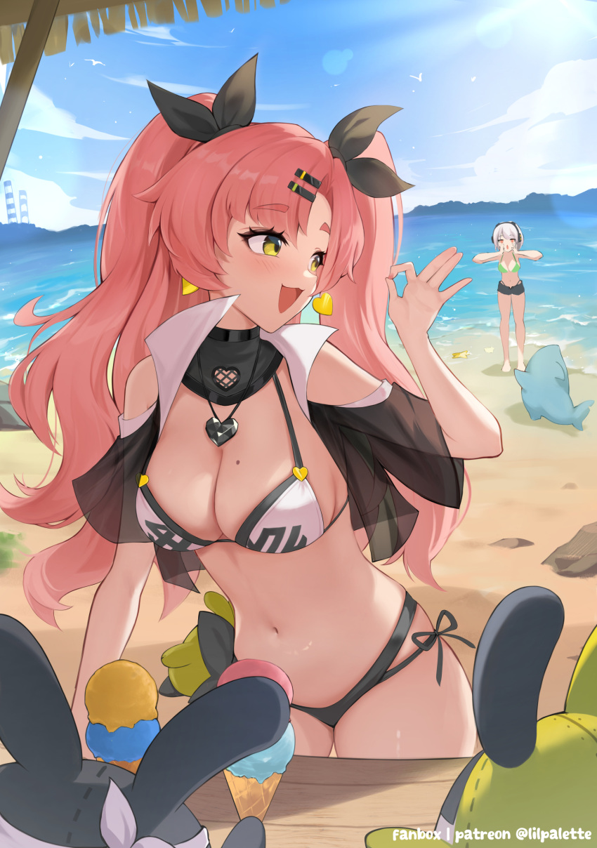 2girls :d amillion_(zenless_zone_zero) anby_demara bangboo_(zenless_zone_zero) beach bikini black_bikini black_ribbon blue_sky breasts cloud day earrings fanbox_username green_bikini green_eyes hair_ribbon heart heart_earrings heart_necklace highres jewelry large_breasts lilpalette long_hair mole mole_on_breast multiple_girls navel necklace nicole_demara ocean open_mouth outdoors patreon_username pink_hair ribbon sharkboo_(zenless_zone_zero) short_hair side-tie_bikini_bottom sky smile standing swimsuit thighs two-tone_bikini two_side_up white_bikini white_hair zenless_zone_zero