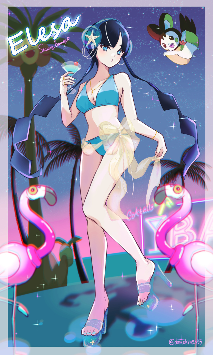 absurdres bikini black_hair blue_bikini blue_footwear border commentary_request cup demekin2333 elesa_(pokemon) emolga english_text flamigo full_body high_heels highres holding holding_cup long_hair pokemon pokemon_bw see-through solo_focus swimsuit white_border