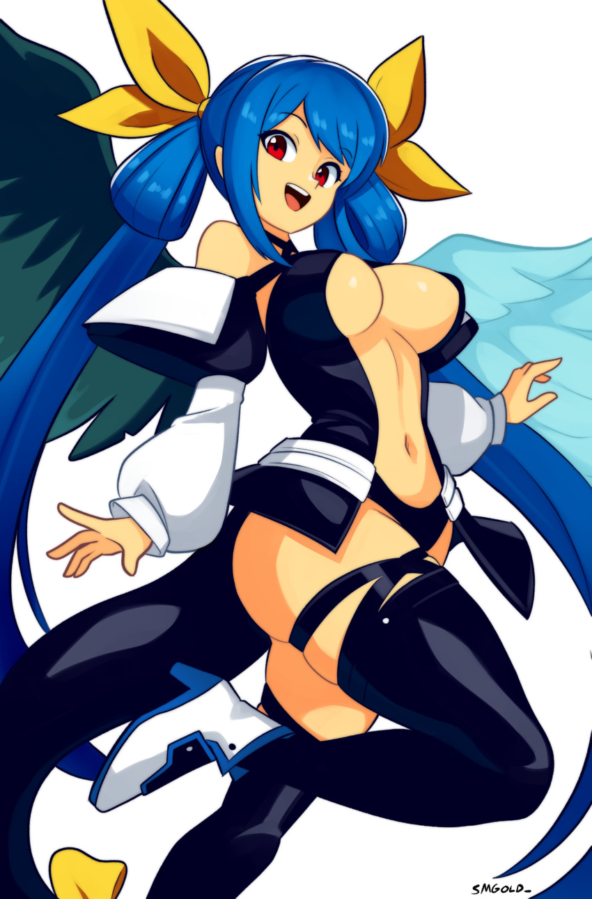 absurdres angel_wings artist_name asymmetrical_wings bare_shoulders belt black_thighhighs blue_hair breasts center_opening choker dizzy_(guilty_gear) female guilty_gear guilty_gear_x guilty_gear_xx hair_ribbon hair_rings high_heels highres large_breasts leg_up looking_at_viewer monster_girl navel open_mouth puffy_sleeves red_eyes ribbon sideboob sidelocks simple_background skindentation smgold solo stomach tail tail_ornament tail_ribbon thigh_strap thighhighs twintails underboob wings yellow_ribbon