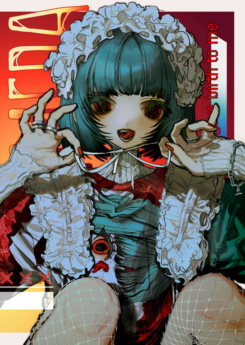 absurdres adjusting_neck_ribbon aqua_eyes blunt_bangs bob_cut bracelet english_text female fishnets frilled_hairband frills gradient_background hairband highres jewelry knees_up layered_shirt licking long_sleeves looking_at_viewer nail_polish numata_zombie open_mouth original print_shirt profanity red_eyes red_nails ribbon ring shirt sitting solo straight-on teeth tongue tongue_out