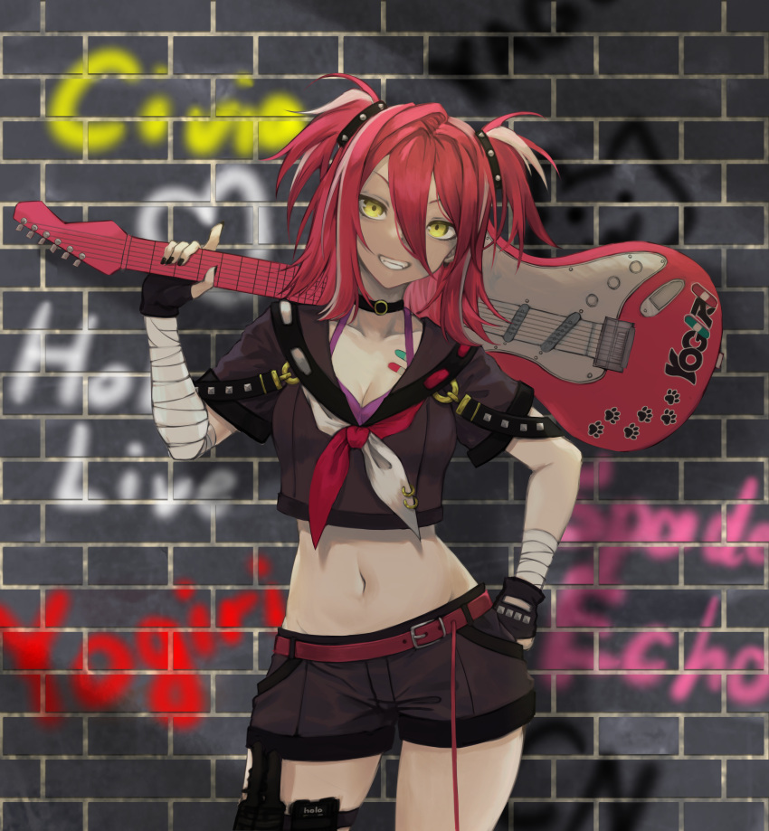 absurdres bandaid belt black_gloves black_nails black_shirt black_shorts bra breasts brick_wall character_name cleavage copyright_name female fingerless_gloves gloves graffiti grin guitar hair_between_eyes heart highres holding holding_guitar holding_instrument hololive hololive_china instrument multicolored_hair navel neckerchief ocha_(ocha_illust) paw_print purple_bra red_belt red_hair shirt shorts smile solo teeth two-tone_hair two_side_up underwear virtual_youtuber white_hair yellow_eyes yogiri_(hololive)