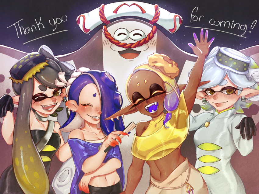 +_+ 1boy 4girls arm_up bare_shoulders big_man_(splatoon) black_dress black_gloves black_hair black_pants blonde_hair blue_hair blue_shawl bonbondecitron brown_eyes callie_(splatoon) closed_eyes dark-skinned_female dark_skin dress earrings frye_(splatoon) gloves gradient_hair grey_dress grey_pants hair_over_one_eye highres jewelry marie_(splatoon) midriff multicolored_hair multiple_girls navel pants pointy_ears shawl shiver_(splatoon) splatoon_(series) splatoon_3 strapless strapless_dress suction_cups tentacle_hair thank_you tooth_earrings upper_body white_hair yellow_shawl