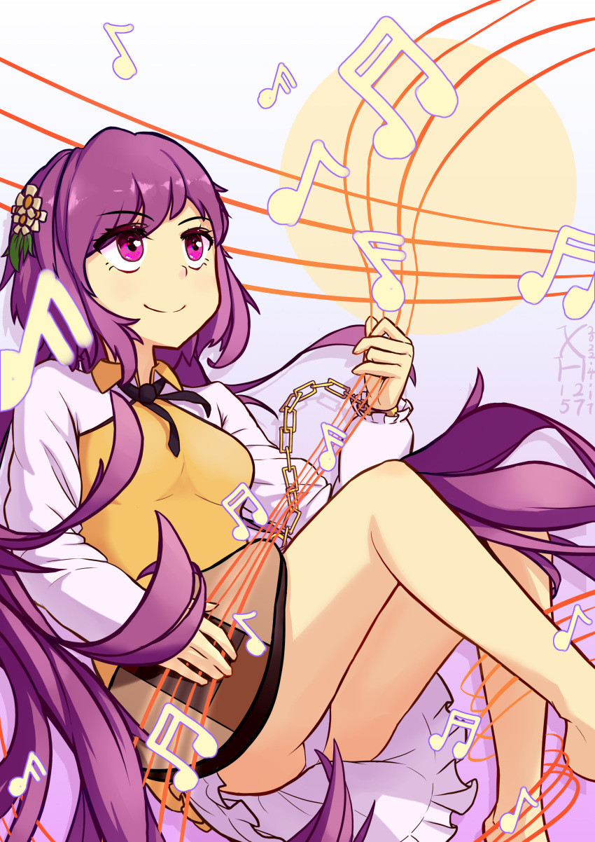 absurdres barefoot dress female flower hair_flower hair_ornament highres instrument low_twintails lute_(instrument) music musical_note panties playing_instrument purple_eyes purple_hair smile solo touhou tsukumo_benben twintails underwear xh1257 yellow_dress