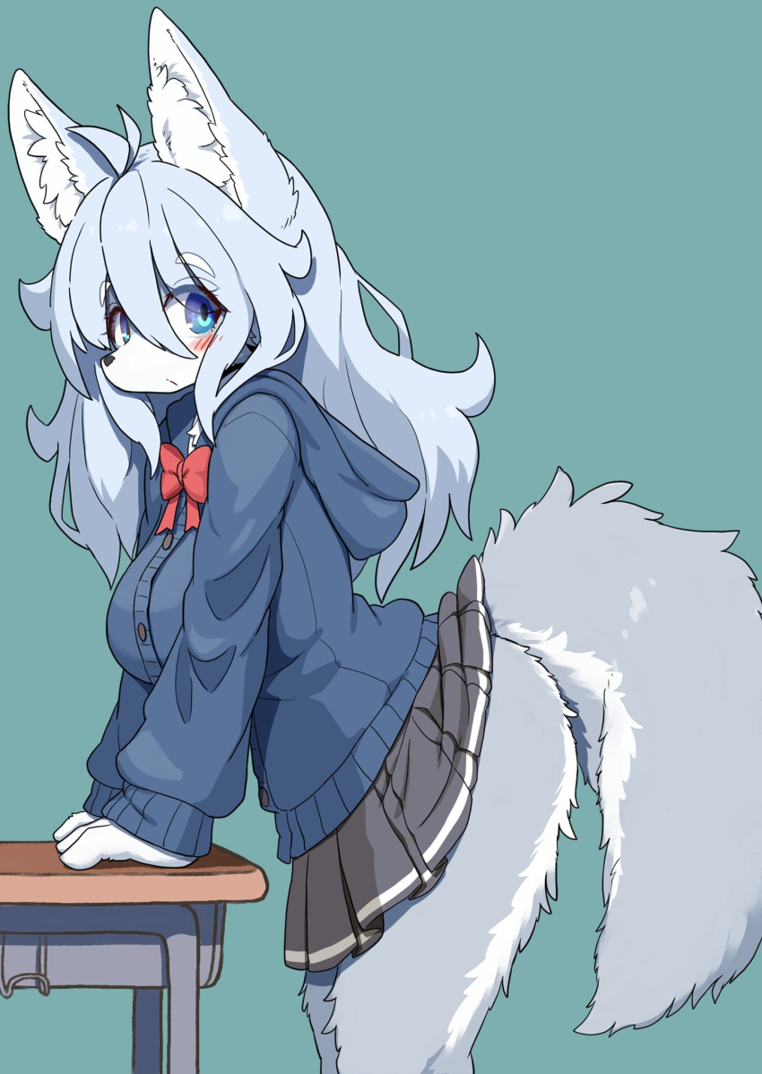 2024 anthro blue_eyes blush bottomwear breasts canid canine canis clothing desk digital_media_(artwork) female female_anthro fluffy fur furniture grey_body grey_fur hair hi_res hoodie kemono koorinezumi long_hair looking_at_viewer mammal multicolored_body multicolored_fur school_uniform silver_hair skirt solo table tail tail_under_skirt topwear two_tone_body two_tone_fur uniform white_body white_fur wolf