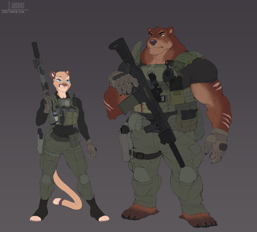 2024 anthro assault_rifle athletic athletic_female bear brown_bear bulletproof_vest cougar duo felid feline female grizzly_bear gun gus_(grizzlygus) hi_res kodiak_bear law_enforcement male male/female mammal muscular muscular_male police ranged_weapon rifle size_difference special_forces stoopix swat tactical_gear ursine valerie_(grizzlygus) weapon