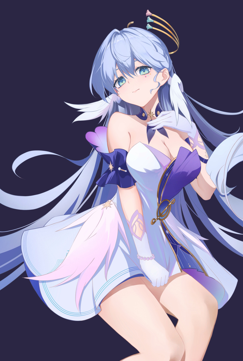 absurdres aqua_eyes bare_shoulders bead_bracelet beads blue_background blue_choker blue_hair bracelet breasts choker detached_sleeves dress facial_mark feet_out_of_frame female gloves head_wings hei_yubai_yuan highres honkai:_star_rail honkai_(series) jewelry long_hair robin_(honkai:_star_rail) short_dress short_sleeves solo strapless strapless_dress thighs very_long_hair white_dress white_gloves wings