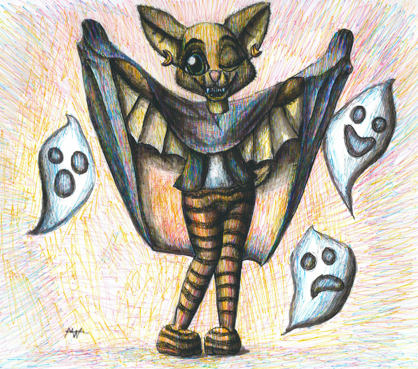 anthro bat bat_wings ber big_ears blue_eyes bottomwear cape clothing costume ear_piercing ear_ring fangs female ghost halloween halloween_costume holidays leggings legwear lucille_(modestwold) mammal membrane_(anatomy) membranous_wings modestwold one_eye_closed pattern_bottomwear pattern_clothing pattern_legwear piercing pink_nose raised_arm ring_piercing short_tail smile solo spirit striped_bottomwear striped_clothing striped_legwear stripes tail teeth tights traditional_media_(artwork) vampire vampire_costume winged_arms wings wink