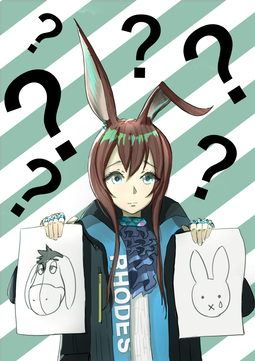 :x ? absurdres amiya_(arknights) animal_ears arknights ascot bad_id bad_pixiv_id black_jacket blue_ascot blue_eyes brown_hair chef_(chef_dominic) commentary diagonal_stripes eeyore female green_background hair_between_eyes hands_up highres holding holding_paper jacket jewelry long_hair looking_at_viewer miffy miffy_(character) neck_ring open_clothes open_jacket paper rabbit_ears ring shirt solo striped striped_background upper_body white_background white_shirt winnie_the_pooh